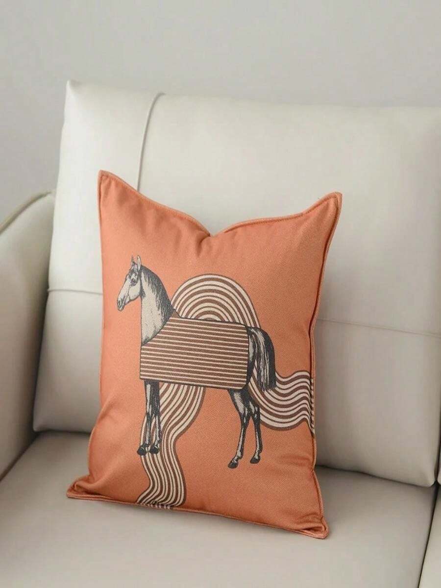 Highend Light Luxury Art Horse Series Cushion Cover With Plush Surface For Villa Living Room Sofa Decorative Backrest - 白色1件 - 查看 1