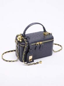 Túi đeo chéo mini vuông màu đen dập nổi họa tiết da đà điểu, túi xách thời trang nữ với dây đeo xích bi vàng có thể điều chỉnh, phù hợp cho việc đi lại hàng ngày. - Xanh đậm - Xem 3