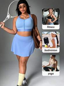 1pc Plus Size Women Sports Skort, Fashionable Casual Sports Yoga Outdoor Baseball Skort With Built-In Leggings, Side Pocket, Spring/Summer - Blue - View 4
