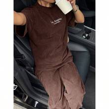 Women's Washed Brown T-Shirt And Pants Two-Piece Casual Set - 咖啡棕 - 查看 5