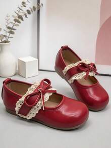 Wine Red Lace Bow Girls Mary Jane Shoes, Vintage Bright Tone Soft Sole, Birthday Party Princess Leather Shoes - Burgundy - View 10