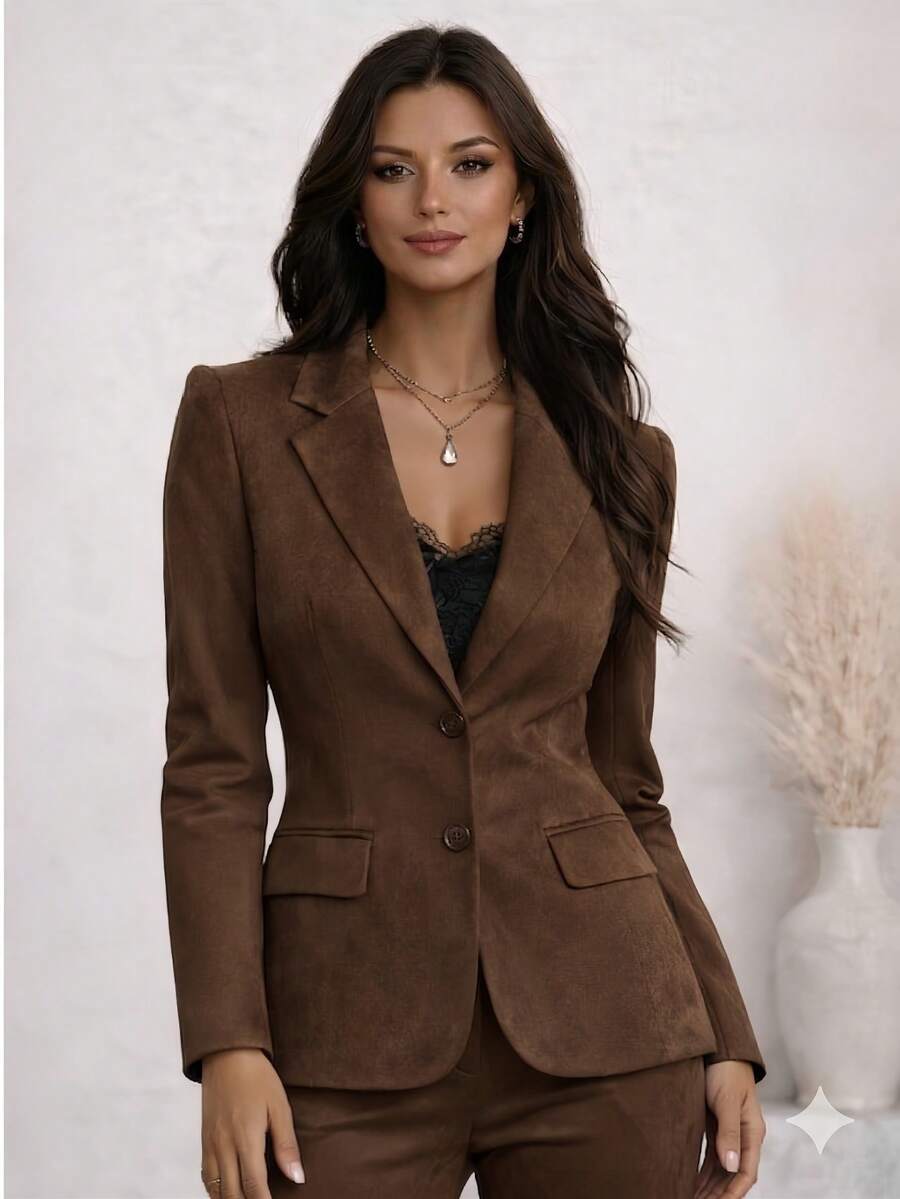 Tailored Blazer With Shoulder Pads - Structured Elegance And Modern Sophistication, Lined. - 咖啡棕 - 查看 1