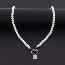 1pc New Rectangle Initial Pendant Toggle Clasps Faux Pearl Beaded Necklaces For Men - White - View 3