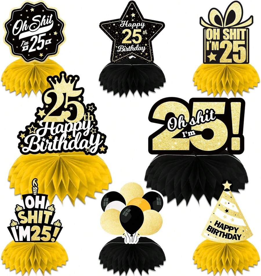 Oh I'm 25 centros de mesa de panal dorado y negro, globos de corona con estrellas Hello 25 temáticas, decoración de mesa para hombre y mujer, suministros de fiesta de cumpleaños 25 - 15 - Ver 1