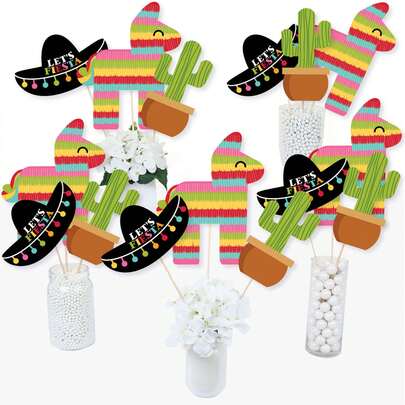3pcs Paper "Let's Party" Mexican Party Centerpiece Sticks, Tabletop Decorations