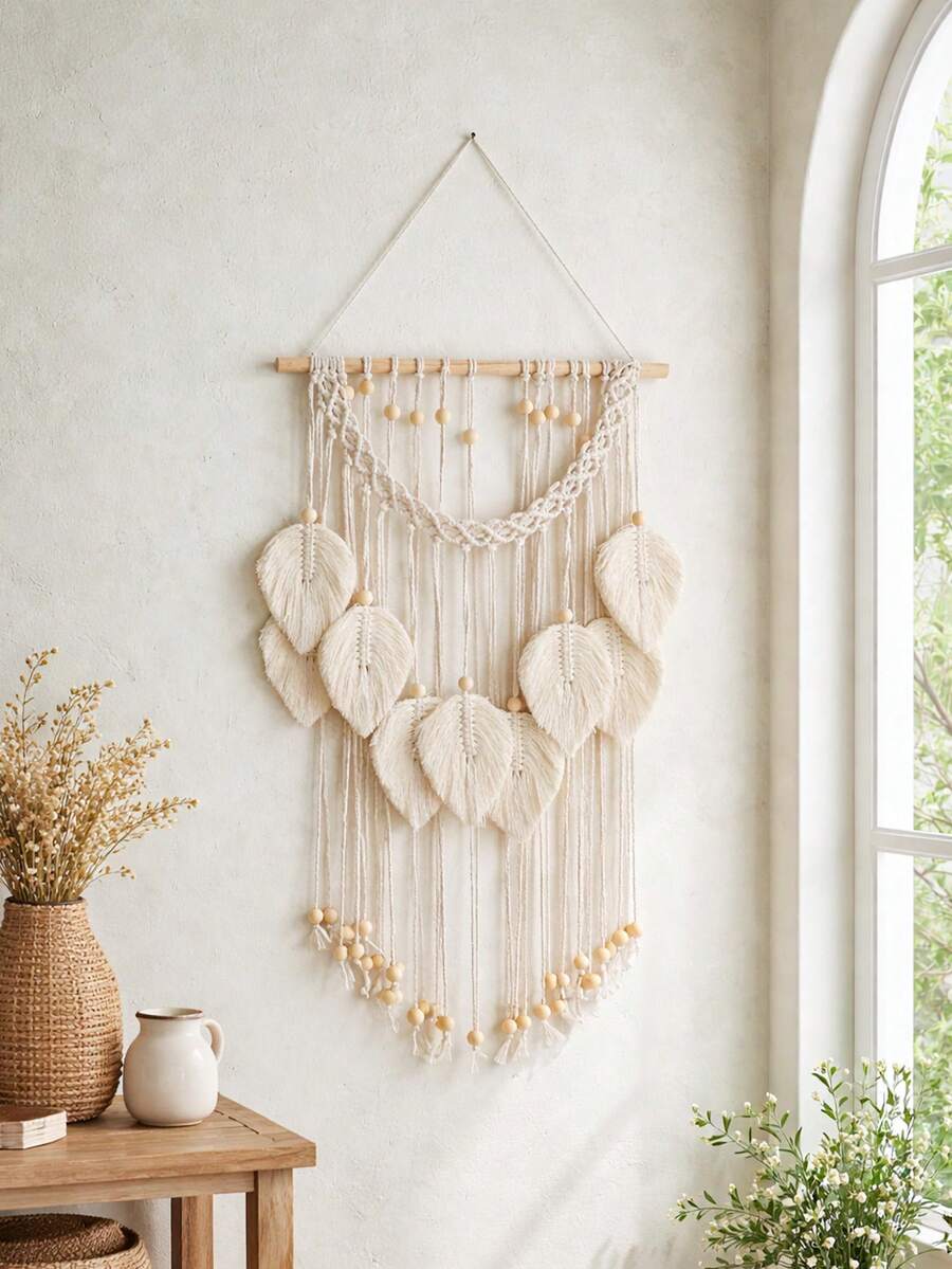 1 pièce Suspension murale tressée à la main - Motif plume blanche avec glands perlés, décoration d'intérieur bohème pour le salon, la chambre, la nurserie ou le dortoir, décoration murale hippie, cadeau pour elle