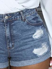 Womens High Waisted Stretchy Denim Dressy Sexy Butt-Lifting Shorts(The Size Is Too Small, It Is Recommended To Take One Size Larger) - 中藍色 - 查看 5