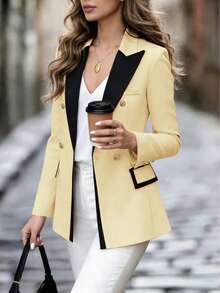 New Casual Chic Color Block Button Lapel Blazer Spring - Light Yellow - View 4