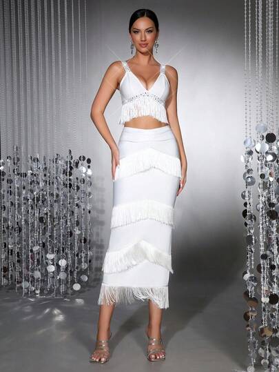 2pcs Sexy Sleeveless Deep V-Neck Rhinestone Tassel Crop Top And Tight Maxi Skirt Set, Suitable For Dates, Singles Parties, Gatherings, Balls, Graduations, Galas, Weddings, Formal Occasions, Evening Gowns