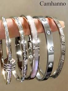 5/1pc Classy Artistic Stainless Steel Bangle Set, 5Pcs Essential Stackable Accessory With Inlaid Decor & Mixed Design, Great For Daily Routines And Special Occasions, Stylish Addition To Your Jewelry Collection, Wonderful Surprise For Partners And Family Members, Complements Office Attire And Party Dresses Equally Well, Show Your Gentle Taste - Silver - View 2