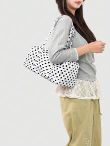 1 pieza Bolso de hombro de béisbol con lunares de contraste para mujer, bolso tote de gran capacidad de moda, bolso de viaje para viajes cortos, bolso de tela con múltiples bolsillos para deportes al aire libre - Blanco - Ver 5