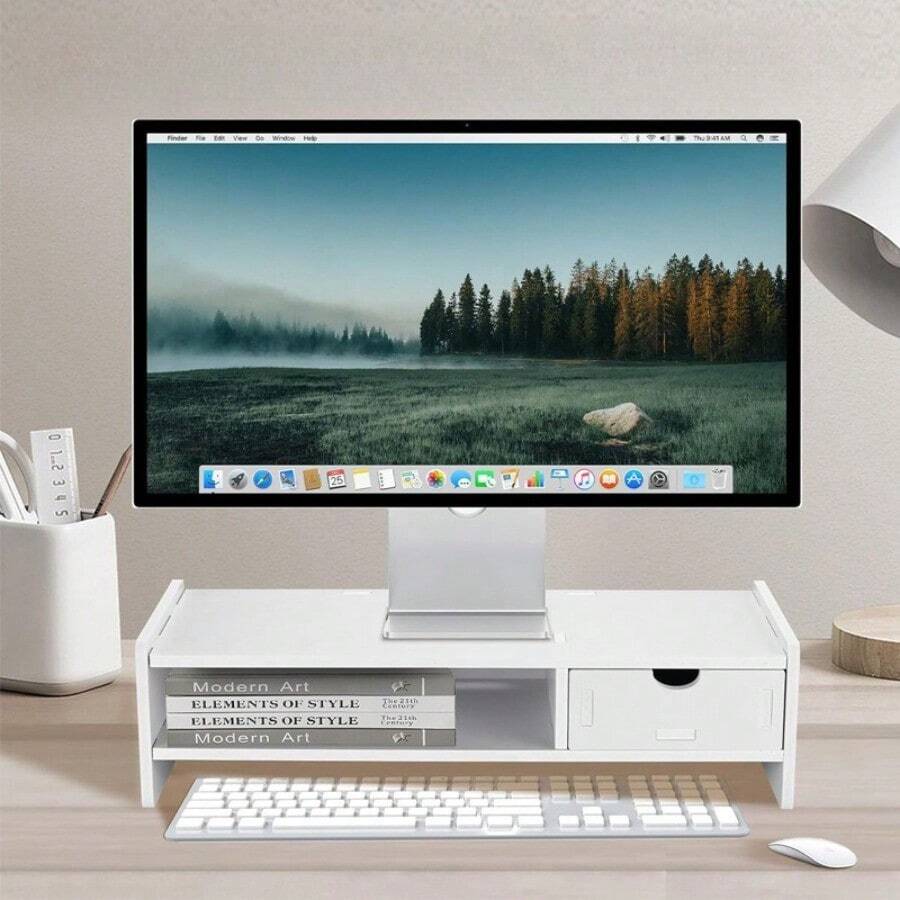 Double Drawer Computer Riser Stand, Office Monitor Storage Shelf, Desktop PC Elevating Organizer Must-Have - 查看 1
