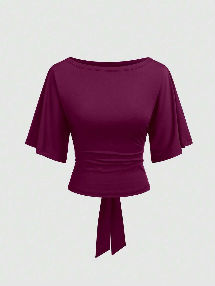 Vela Rue Waist Tie Bow Solid Color Batwing Sleeve Boat Neck Fitted Elastic Navy Blue T-Shirt, Suitable For Commuting, Work, School, Spring/Summer Back To School, Teacher's Day Casual - Purple - View 1