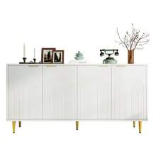 Skänk för vardagsrum, byrå med 4 dörrar, borstade guldhandtag och högglansande bordsben, vit, mått 160*80*40 cm - Vitt - Visa 1