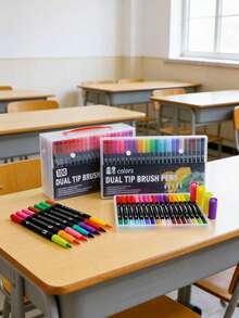 2-In-1 Washable Dual-Tip Marker Pens, Soft Tip Calligraphy Pens In Black Barrel PVC Box, Suitable For Back To School, Graduation Season And New School Year - Sets - View 7
