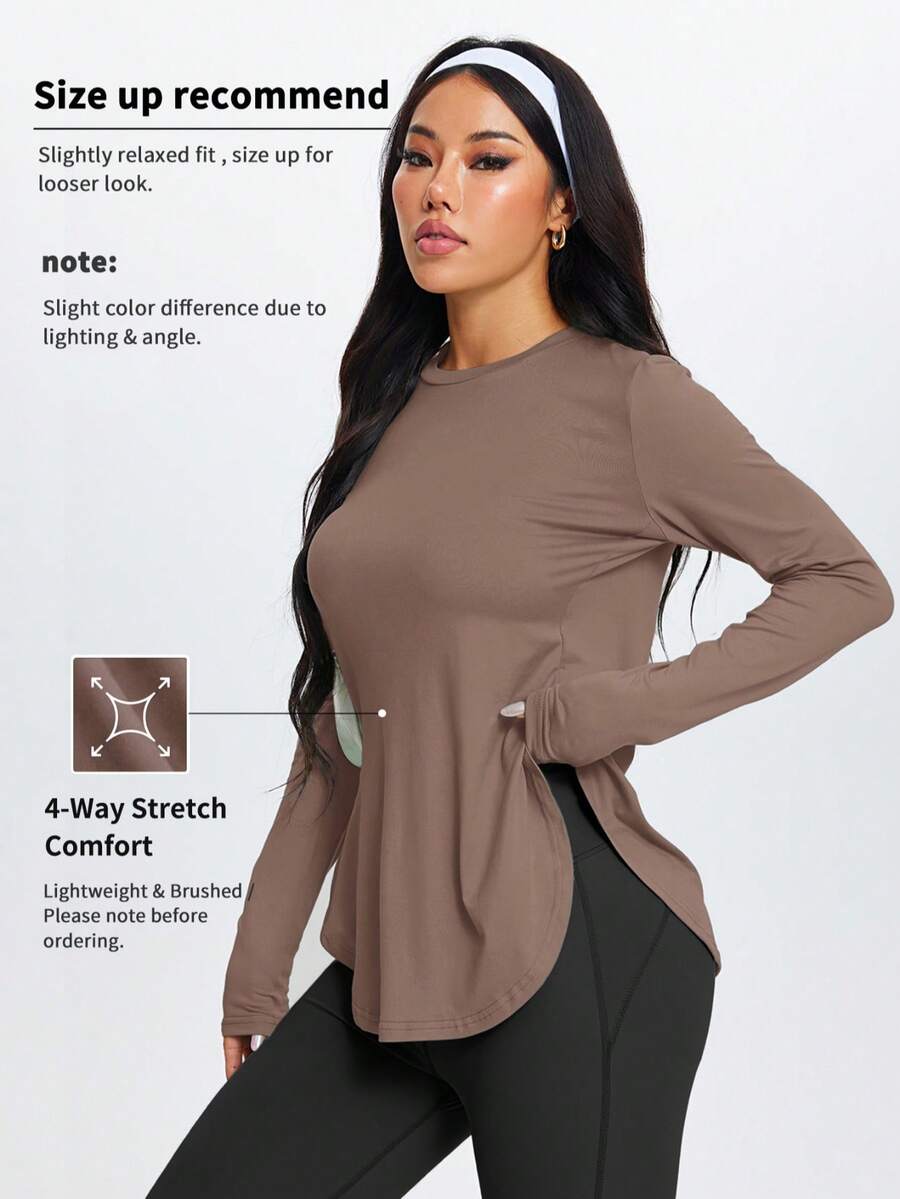 1 pieza Camiseta de entrenamiento, running, senderismo y caminata para mujer, minimalista con abertura lateral de manga larga, para fitness y yoga, para todas las estaciones, primavera - Caqui - Ver 1