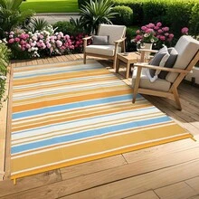 Striped Outdoor Area Rug, Waterproof Outdoor Rug,Reversible Outdoor Rugs, Patio Plastic UV Resistant Garden Rug, Plastic Straw Rug With Portable Bag For Front Door, Kitchen, Entryway, Patio, Porch - Blue/Orange/Yellow/White-9*12ft(274*366cm) - View 6