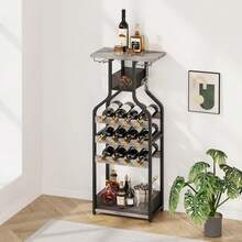 Estante de vino independiente de metal, contiene 16 botellas, escritorio, estante de vidrio, para bar, cocina, comedor, sala de estar, espacios pequeños - Gris - Ver 2