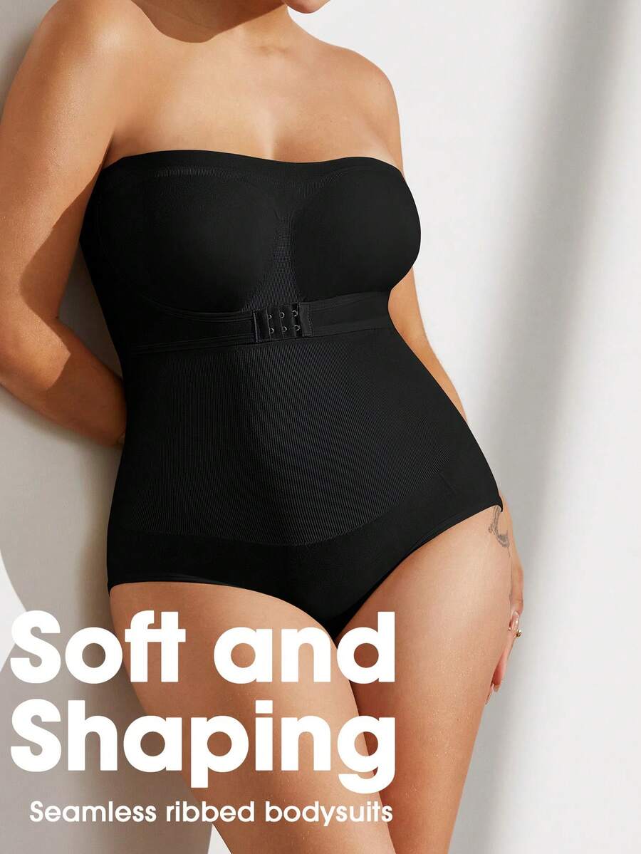 1pc Women Plus Size Seamless Strapless Jumpsuit, Removable Strap, Slimming, Shaping, Black, Summer