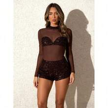 Spring And Summer New Women's Fashion Sexy Sequined Jumpsuit With High Neck, Mesh Long Sleeves, And Bustier Sequin Shorts Party Dress Set - Dark Brown - View 6