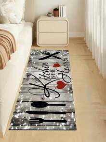 1pc Distressed Gray Wood Grain Silica Gel Kitchen Mat With Sparkling Star Effect, Decorated With Black Cutlery Pattern, Red Heart, And "The Kitchen Is The Heart" Artistic Text, Creating A Cozy Retro Kitchen Atmosphere. Luxury Fashion Kitchen Rug With Cushioning Anti-Fatigue Material - Multicolor - View 8