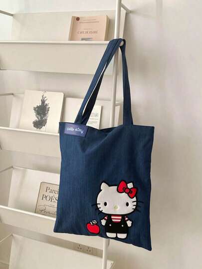 SANRIO 1 chiếc túi đeo vai bằng vải canvas in hình hoạt hình Hello Kitty dễ thương, túi xách tay tiện dụng, túi đựng đồ dung tích lớn có thể tái sử dụng, phù hợp cho phụ nữ/bé gái đi làm hàng ngày, đi chơi ngoài trời, mua sắm.