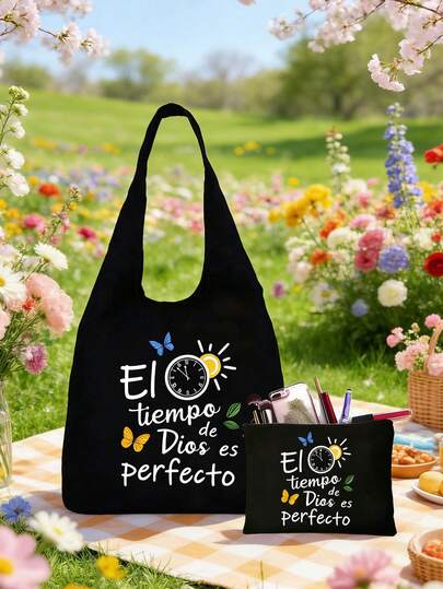 “上帝的时机是完美的”单肩包，“El Tiempo De Dios Es Perfecto”字母印花手提袋和黑色小包套装，专为基督徒女性设计，可重复使用购物袋+便携式化妆品收纳袋，情人节礼物，个性化礼品袋，化妆包，收纳袋，信仰印花礼物，适合日常使用、旅行、通勤、商务旅行、教堂活动，适合赠送亲朋好友，母亲节礼物