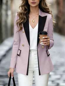 Blazer casual y elegante de manga larga con botones y contraste de color rosa para mujer, primavera - Púrpura malva - Ver 2