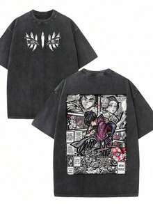 Retro Washed Graphic T-Shirt,100 % Cotton Retro Washed Cotton Anime T-Shirt, Fantasy Harajuku Double-Sided Printed Manga-Style T-Shirt, Harajuku Gothic Y2K T-Shirt, Romantic Aesthetic Streetwear, Casual Men's Anime T-Shirt, Cyberpunk Style Clothing. ,Summer Outfits For Men Woman OAB6 - 黑色 - 查看 5