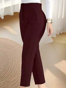 Pantalones tobilleros elegantes de unicolor y ajustados con cinturón para mujer, pantalones de trabajo y uso diario, color rojo primavera - Burdeos - Ver 6