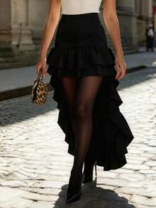 女士时尚派对不对称设计紧身黑色针织拼接双层荷叶边不对称下摆迷你裙，春夏款 - 黑色 - 查看 4