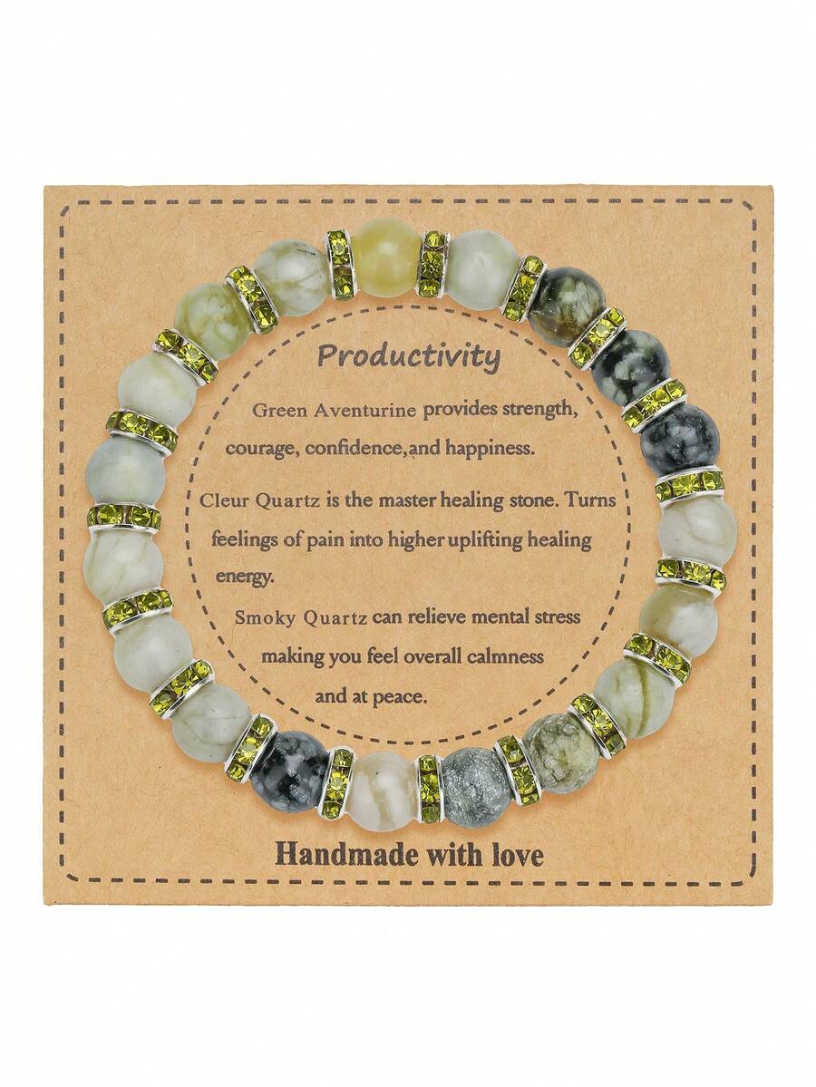 1 pieza Pulsera de cuentas de ágata verde con acentos de rhinestone, regalo de energía positiva y aliento para familiares y amigos - Multicolor - Ver 1