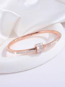 Camhanno 5/1pc Classy Artistic Stainless Steel Bangle Set, 5Pcs Essential Stackable Accessory With Inlaid Decor & Mixed Design, Great For Daily Routines - Rose Gold - View 4