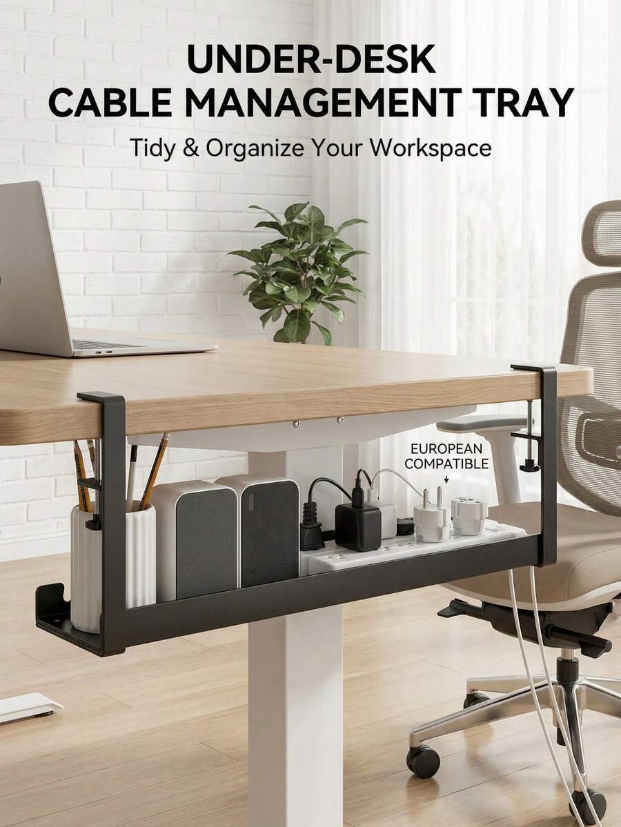 Under Desk Cable Management Tray, Metal Mesh Cable Organizer With Clips For Installation, 3 Holes, Cable Tray With Desktop & Underneath Cable Organizer, Adjustable Wire Rack, Suitable For Home Office Standing Desk