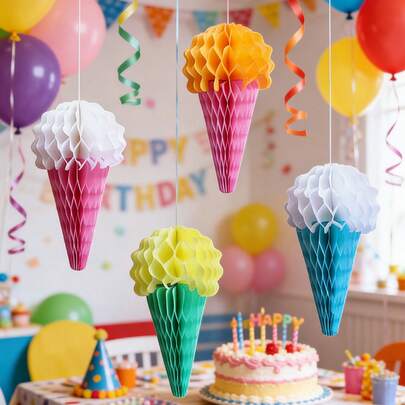 4pcs Ice Cream Shaped Honeycomb Paper Decorations, Ice Cream Party Decor, Ice Cream Hanging Decor, Suitable For Birthday Party, Baby Shower, Dessert Theme Party, Pool Party, Summer Birthday Party Table Decor