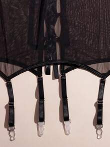 Conjunto de 3 piezas de lencería sexy para mujer, incluye corpiño, portaligas y sujetador con aros - Negro - Ver 6