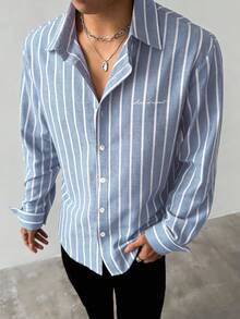 Camisa azul casual para hombre, de mezcla de algodón y lino de alta calidad con tema de dinero vintage, de rayas, de manga larga y abotonada, de corte holgado, prenda versátil y esencial para capas, adecuada para todo tipo de ocasiones diarias, citas de fin de semana, vacaciones en la playa, regalo ideal para carnaval, San Valentín, vacaciones de verano, Día de la Madre - Azul - Ver 5