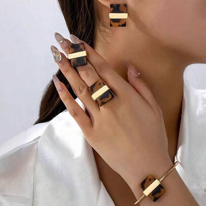 Set de joyería de 4 piezas con diseño de acrílico retro, elegante y exquisito, que incluye pulsera, anillo y aretes, adecuado para uso diario y casual de mujeres