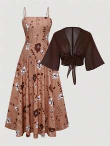 2pcs Women's Elegant Floral Chiffon Dress And Jacket Set, Romantic Outfit For Date And Vacation Spring - 咖啡棕 - 查看 11