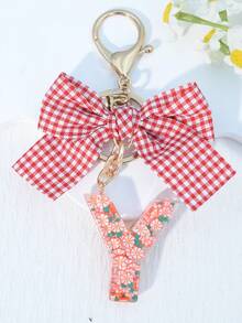 1 móc khóa nhựa hình nơ kẻ caro đỏ, móc khóa hình trái cây dễ thương chữ cái A-Z, quà tặng ngày lễ cho phụ nữ - Đỏ - Xem 28
