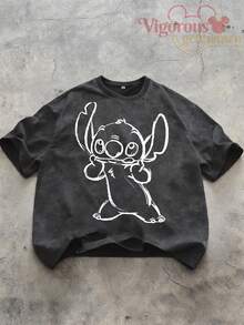 Summer Travel Short Sleeve T-Shirt, Disney Stitch Hand-Drawn Style Print Casual T-Shirt, Unisex Short Sleeve - Black - View 2