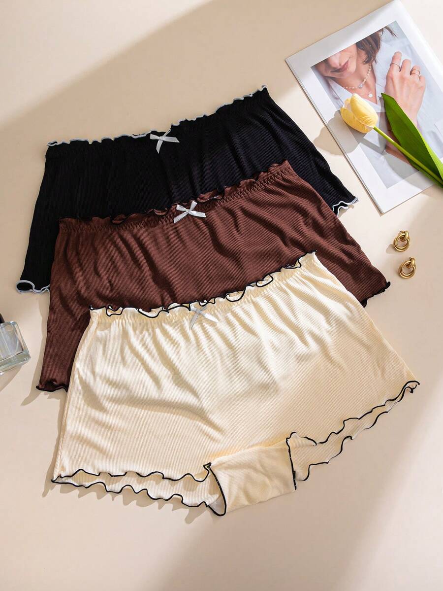 3pcs Women's Multicolor Frill Trim Tummy Control Seamless Comfortable Simple Anti-Chafing Plus Size Briefs