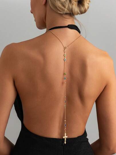 1件波西米亚风水钻镶嵌几何链条十字架吊坠身体链，性感优雅，适合派对、度假、休闲、街头风、情侣约会，是女士节日百搭珠宝礼物（水钻颜色和数量随机，以实际链条为准）