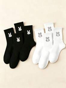 20pcs/10pcs/2pcs Women Rabbit Design Mid-Calf Socks, Sports Socks, Fashion Minimalist Casual Comfortable Versatile For All Seasons - Black and White - View 3