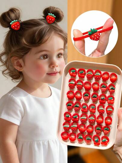 10/20/30/40个装多色Y2K可爱水果发圈，草莓、樱桃、心形发圈，送给可爱女孩的完美礼物，适合返校、幼儿园、儿童节、休闲、暑假、郊游、生日派对等场合，可用于固定发髻、马尾辫、刘海等。
