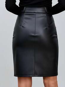 Women's Fashionable And Elegant Commuter Business Rivet Decor PU Leather Pencil Skirt - Black - View 5