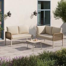 Outdoor Garden Set With Wood-Look Tempered Glass Table, Convertible 4 Seater Polyester Rope Conversation Set With Sofa & Armchairs, Weatherproof Patio Corner Sofa For Balcony & Terrace, Beige - Beige - View 3