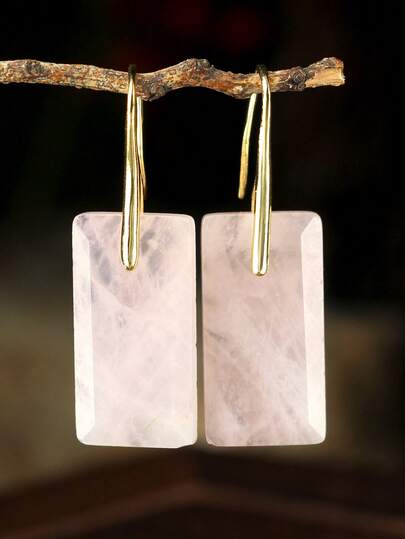 Pink Square Natural Stone Earrings, Sweet & Cute Pink Crystal Pendant, Elegant Spring/Summer Vacation & Date Accessory, Gift For Women