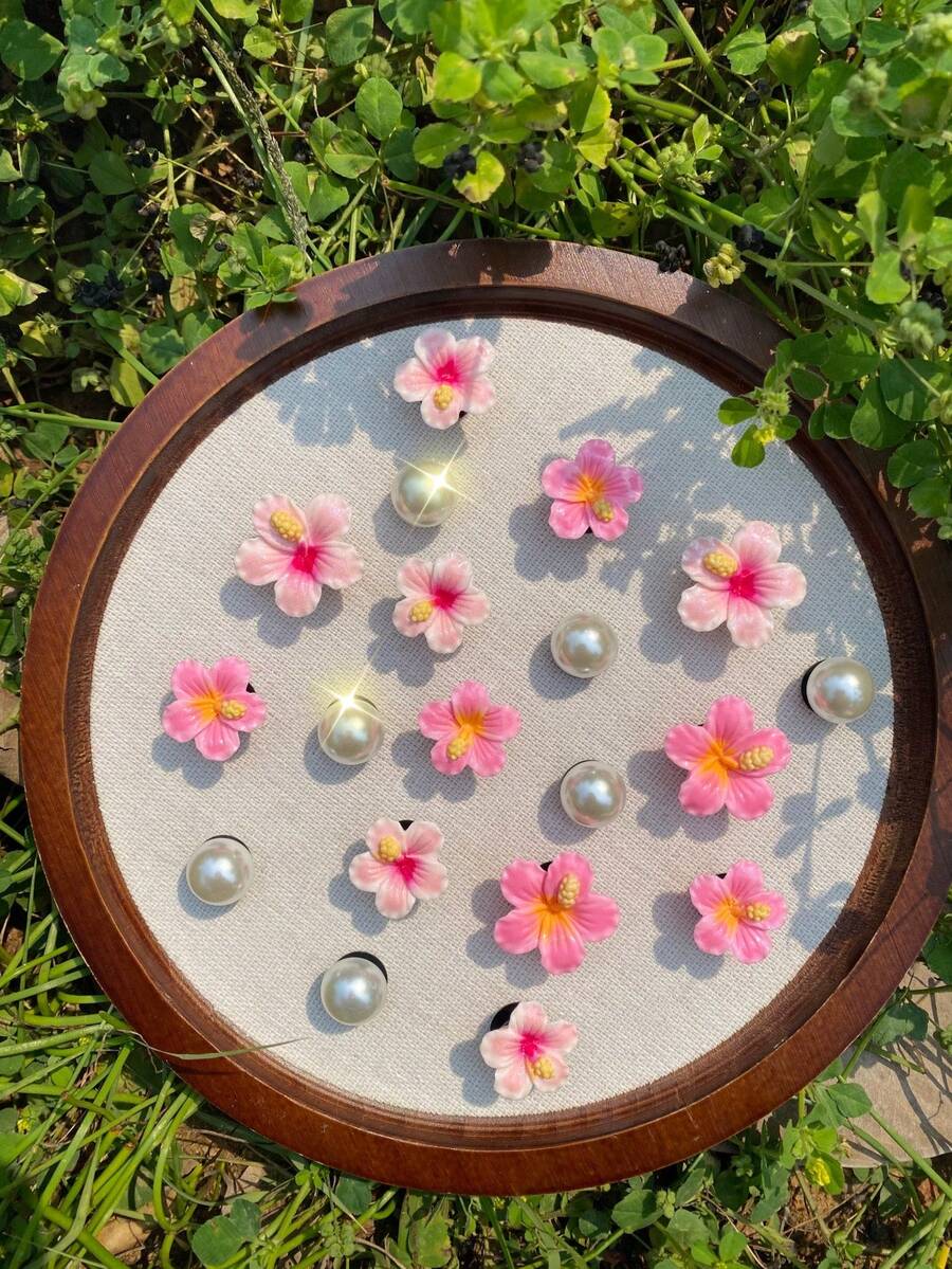 19件裝粉色花朵人造珍珠ABS樹脂鞋飾 DIY可拆卸-個性化鞋履風格 - 粉色 - 查看 1