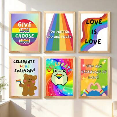 1/6pcs Lgbtq Pride Canvas Art Wall Room Poster Set, Framed And Frameless Room Decoration Items Rainbow Love Quotes Canvas Print, Cute Cartoon Bear Frog Decoration Painting, Suitable For Family Bedrooms And Living Rooms, Pride Month Gifts, Home Wall Decoration, Bathroom Decoration, Kitchen Decoration, Living Room Decoration, Bedroom Decoration, Office Decoration, University Dormitory Decoration